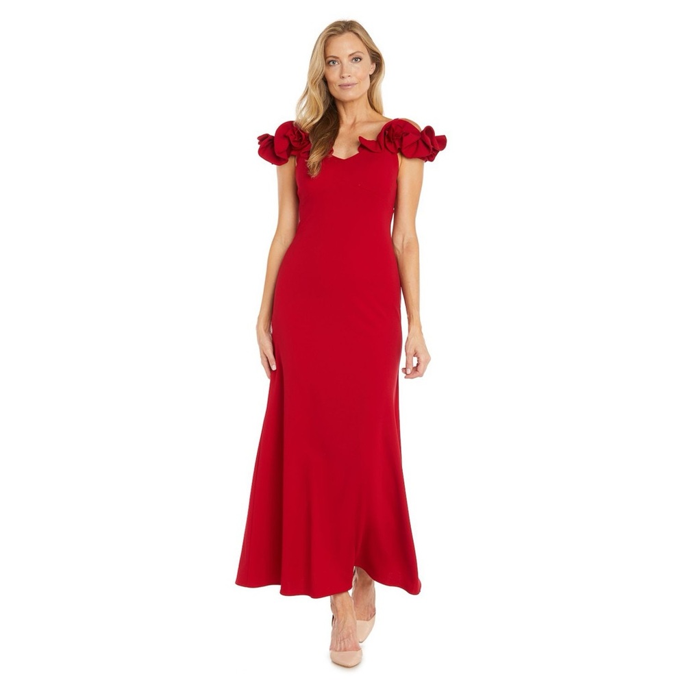 Dillard’s Elegant Red Evening Gown with floral sweetheart neckline